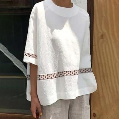 O-hals Halve Mouw Dames Blouse Uitgesneden Kantsteek Losse Pasvorm Dun Effen Kleur Retro Shirt Top Streetwear