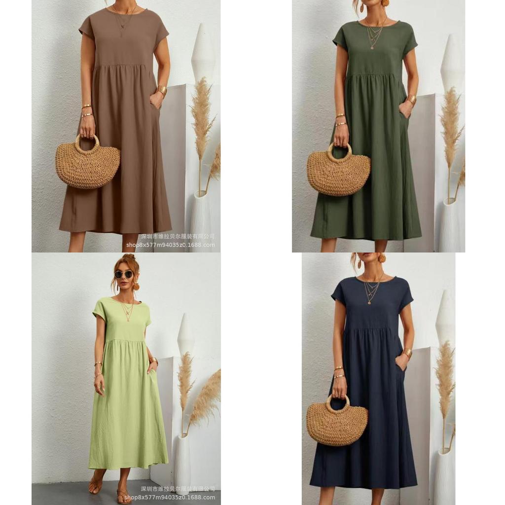 Minimalistisches Baumwoll-Leinen-Kleid mit Taschen für den Frühling, Freizeitkleidung