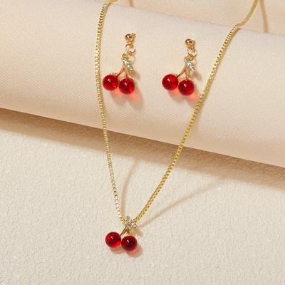 New Personalized Creative Red Color Cherry Pendant Necklace Earrings Ladies Fashion Wedding Banquet Temperament Accessories Gift