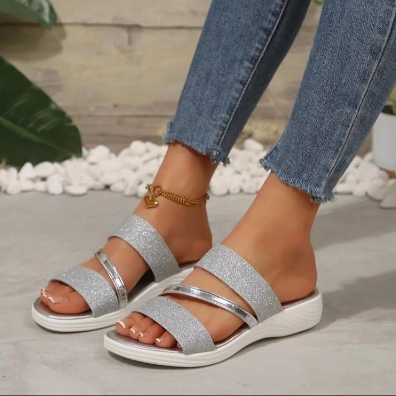 Fashion Large Size Women Slippers 2025 New Casual Sandals Fashionable Rhinestone Outdoor Slippers Luxury Elegant Shoes Slides Women