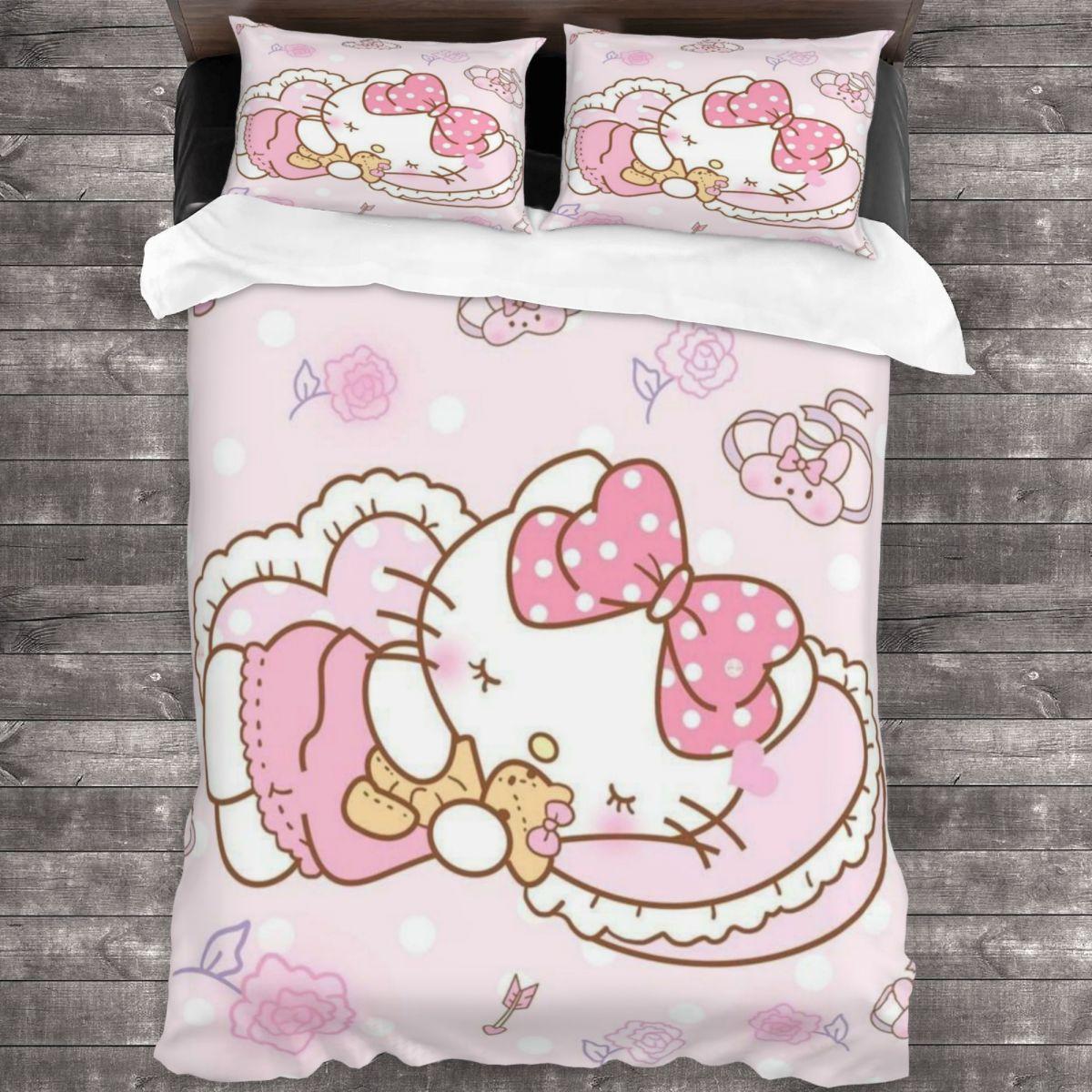 

3D Duvet Cover Anime Cute Hello Kitty Bedding Duvet Cover Set with Pillowcase Boy Girl Children Adult Gift Bed Set 2-3 Pieces 90x190cm 2pcs