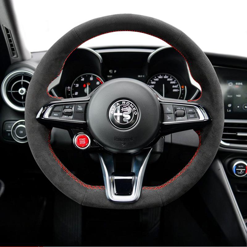 

Hand-stitched non-slip Black Genuine Leather suede car steering wheel cover 100% Fit For Alfa Romeo Giulia Stelvio 2020-2023
