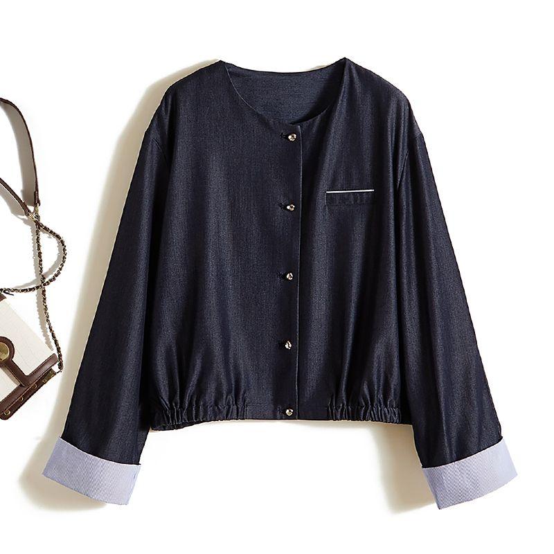 

Сяоцин Новая Ветровка Выстиранный Хлопок Джинсовый Синий Тонкая Верхняя Одежда! Женские топы с круглым вырезом, однобортные, с эластичным низом, весна и осень Dark blue XL