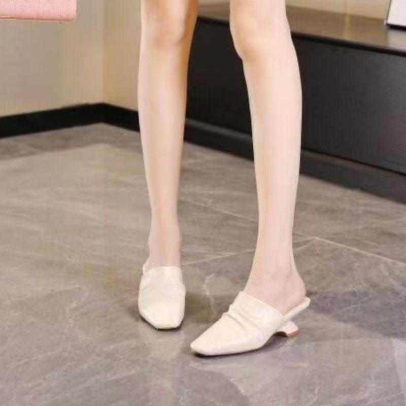 Fashion Shaped Heel Wrapped Slippers Women's Fashion Square Toe Deep Mouth Pleated Cover Foot Anti-slip Wear-resistant Kitten Heel Shoes