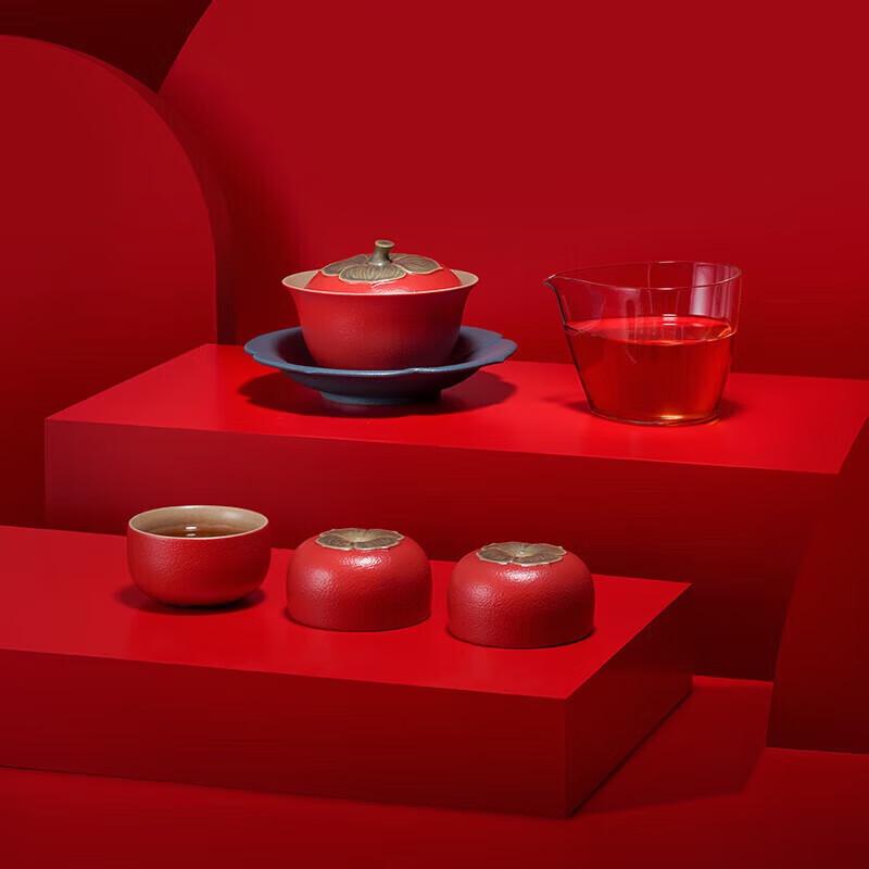 Wanqiantang Auspicious Vermilion Glaze Ceramic Gaiwan Tea Set