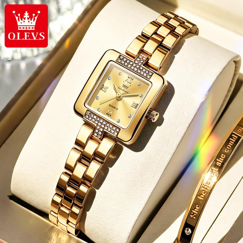 OLEVS Luxury Watch for Women Fashion Square Dial All Gold Steel Strap Original Quartz Women's Watch Waterproof Ladies Watch Set