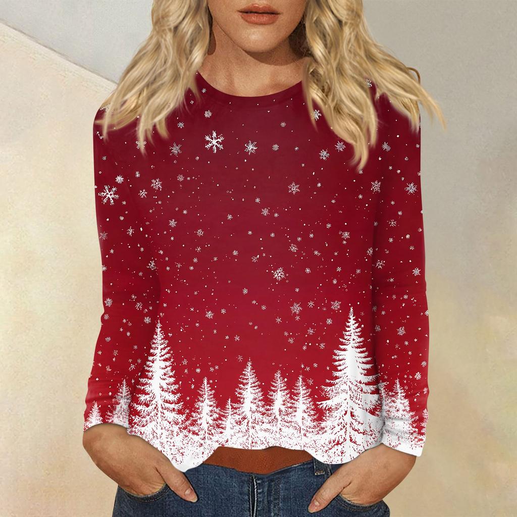 Women's Fashion Casual Christmas Printed Round Neck Long Sleeve Pullover Top