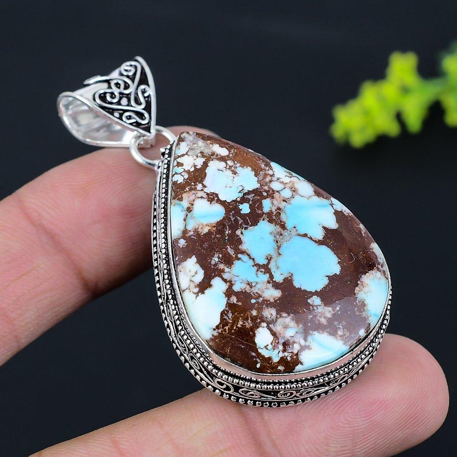Tibetan Turquoise Gemstone Handmade 925 Sterling Silver Pendant 2.29" f0P79