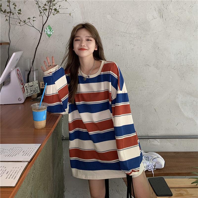 Women's Trendy Loose Striped Long Sleeved T Shirt