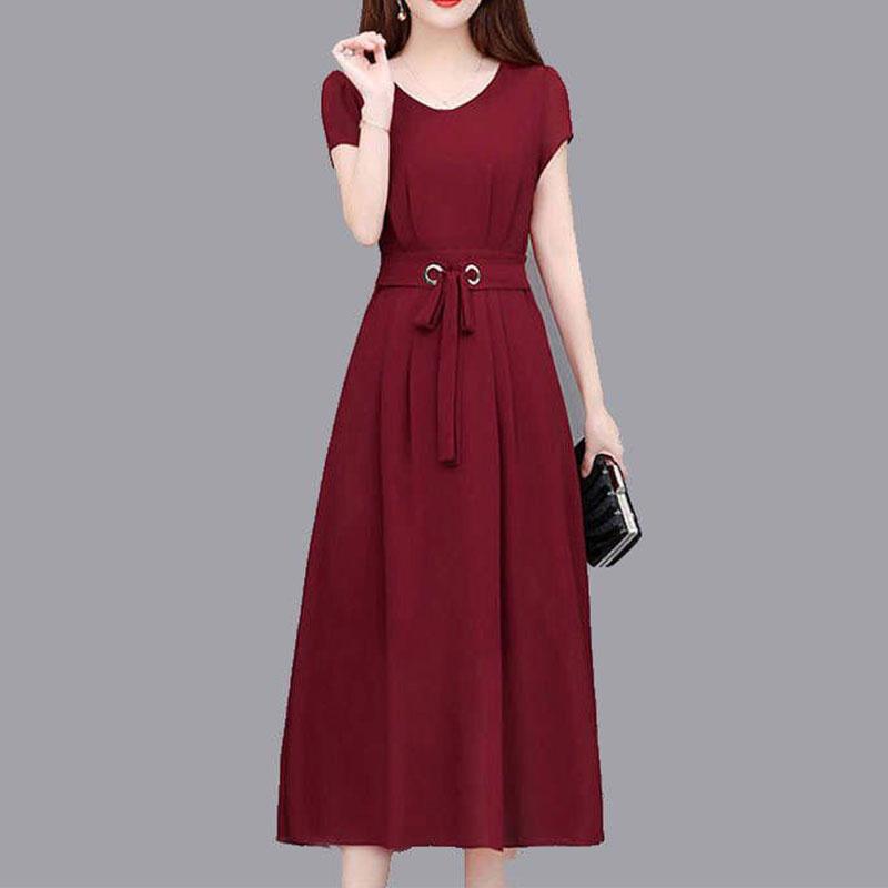 Temperamen Fashion Dresses Summer New Women Solid O-Neck Zipper Bandage Hepburn Style Short Sleeves Lim Mid-length A-line Dress