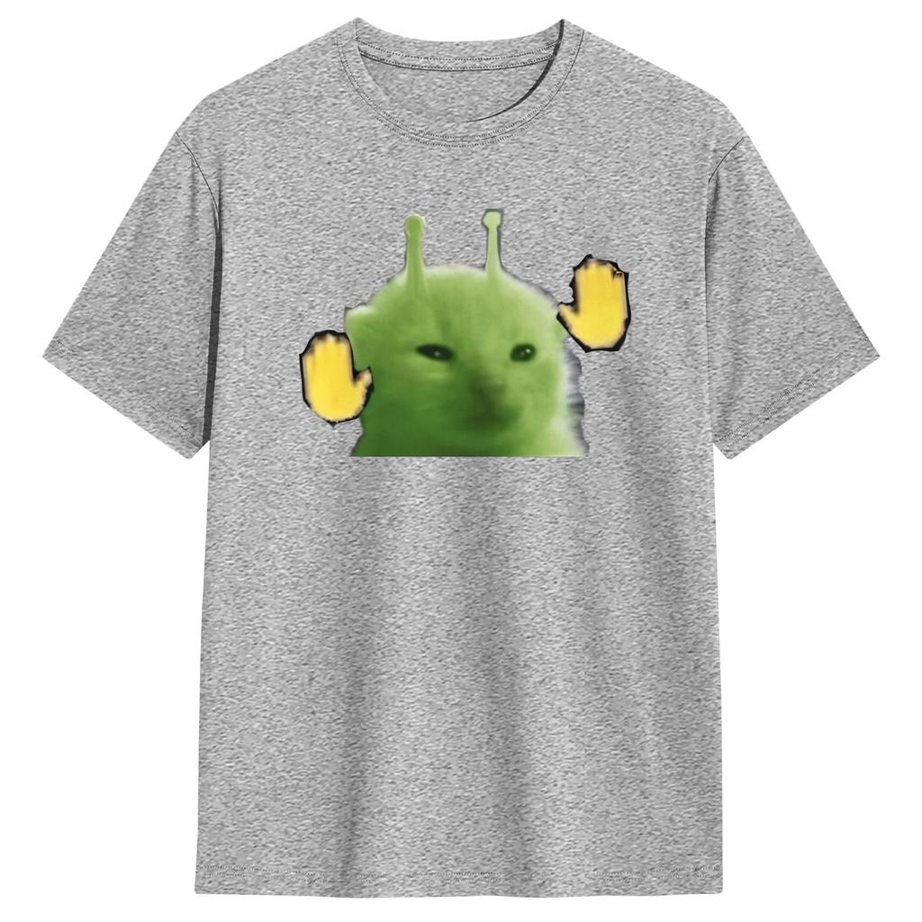 Green Alien Cat Meme T Shirt Unisexs Cotton Funny TShirts Crewneck Tee Shirt Short Sleeve Clothes Summer