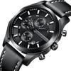 HANNAH MARTIN Men Watch Quartz Movement Black Multifunctional Leather Clock Military Style 3Bar Waterproof Sports Watch for Men