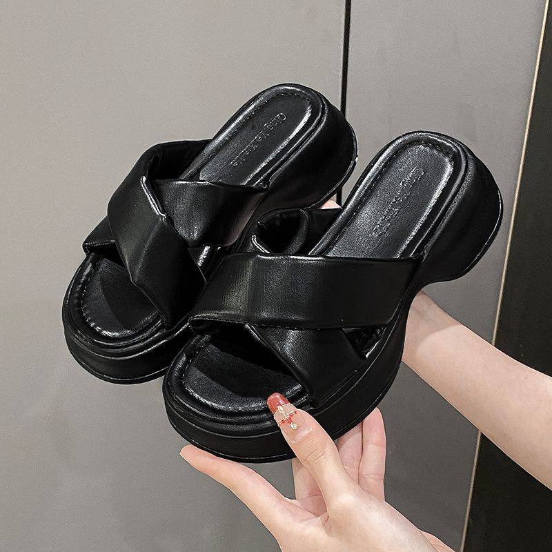 thick-soled cross-over with cool slippers to wear outside 2025 summer new solid color fashion beach silver versatile muffin sandals