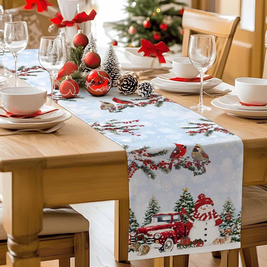 Christmas Snowman Truck Berry Cardinal Bird Blue Linen Table Runners Party Decor Durable Winter Xmas Christmas Decorations