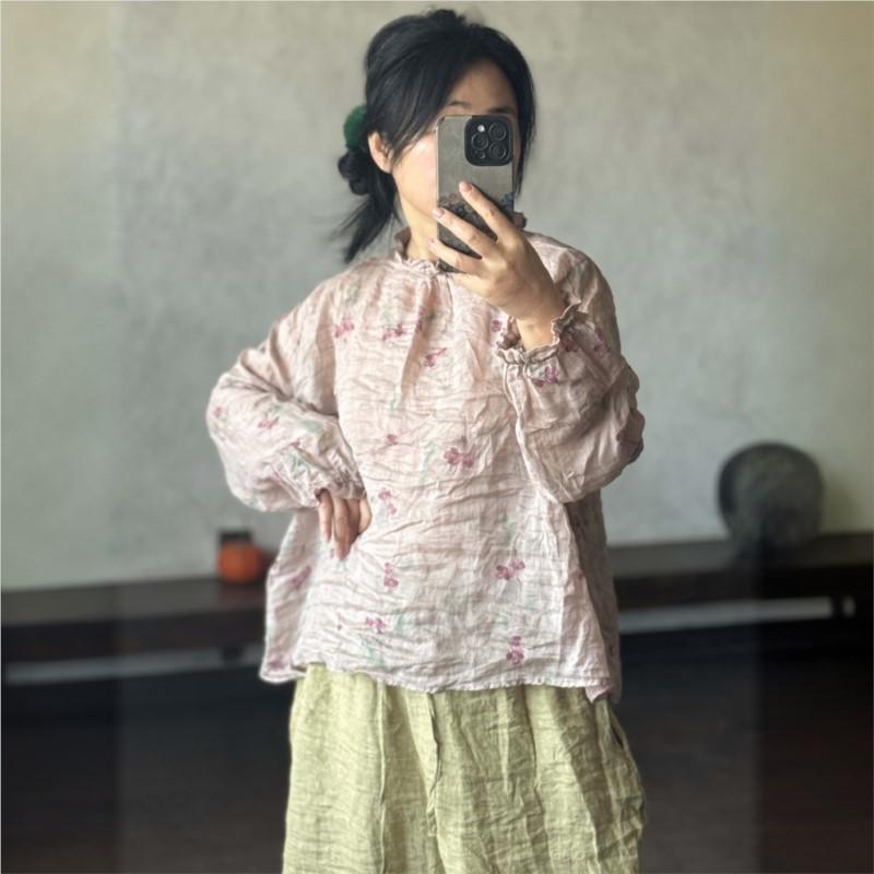 Johnature Damen Vintage Blusen Langarm Frühling O-Ausschnitt Hohe Qualität Damen Locker Geblümte Blusen