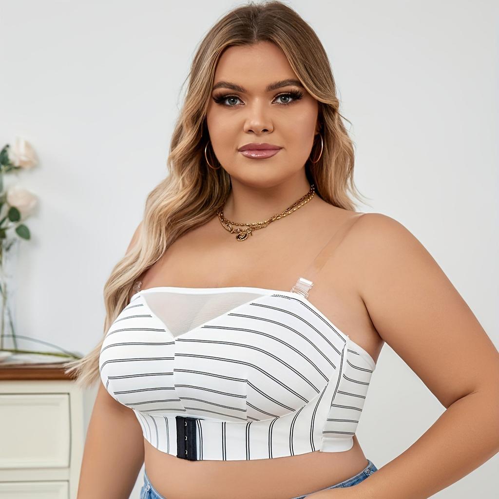 Large Size Black and White Stripes Mesh Pattern Breathable Seamless Underwear Fashionable Side Breast Control Detachable Bra