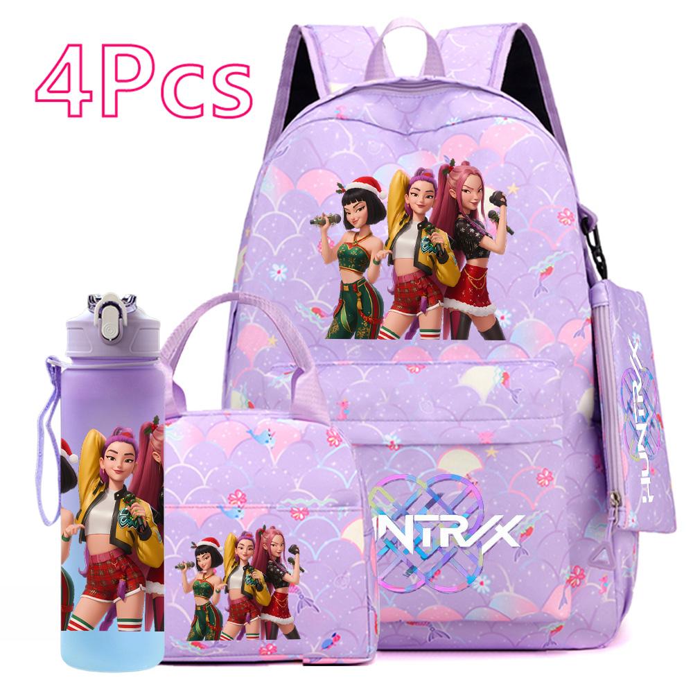 4Pcs/set Christmas KPOP Printed Backpack with Handbag Pencil Case 750Ml Water Bottler for Teenager Boy Girl Large Capacity Bookbag Schoolbag Kid Gift
