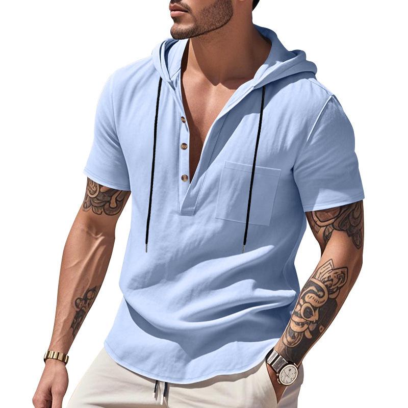 Men's Relaxed Fit Linen Beach Hooded Pocket Henley Short-Sleeved Shirt