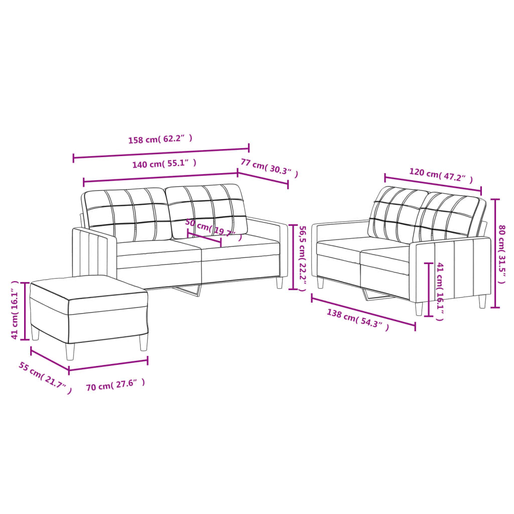 Vidaxl 3-Piece Lounge Set, Fabric Upholstered, Dark Grey