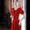 Summer new women's clothing ruffle edge medium and long red dress doll collar high-end French small red dress