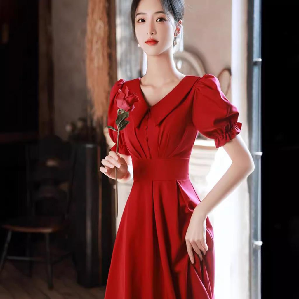Summer new women's clothing ruffle edge medium and long red dress doll collar high-end French small red dress