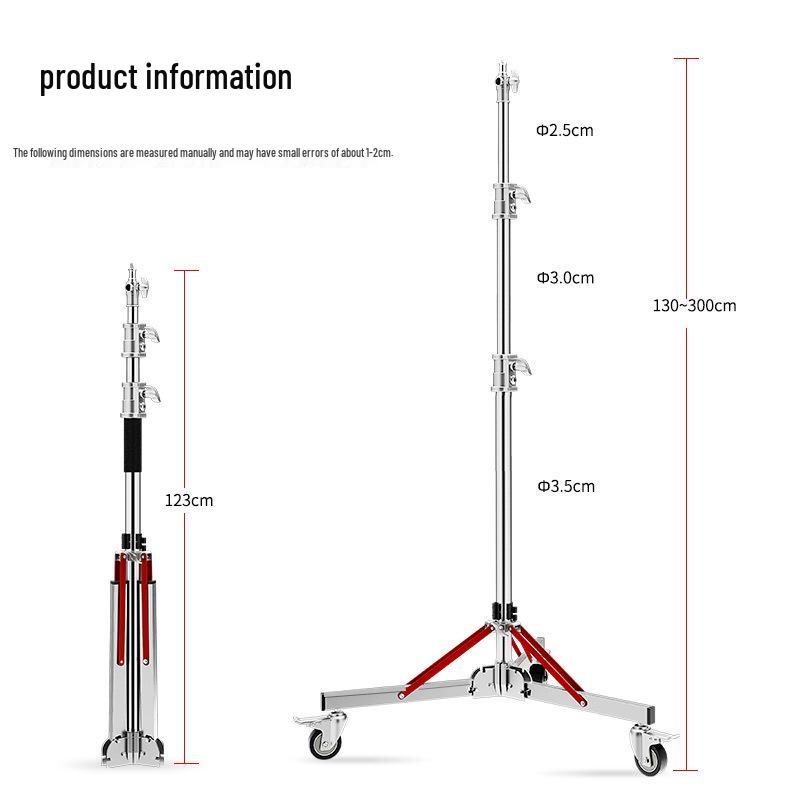 3m Heavy Duty Stainless Steel Light Stand with Wheels, Built-in Spring, Large Load Capacity, for Photography Studio.