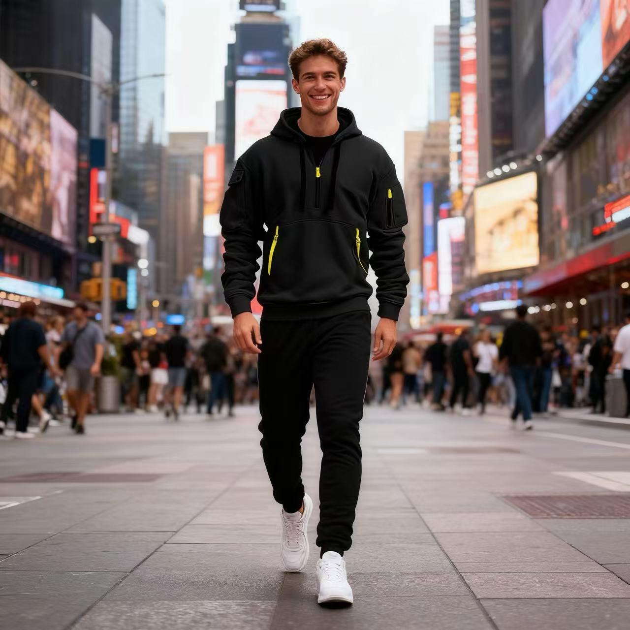 

Мужской флисовый кардиган с капюшоном и множеством карманов на 2025 год - Модная осенне-зимняя толстовка на молнии XXL чёрный