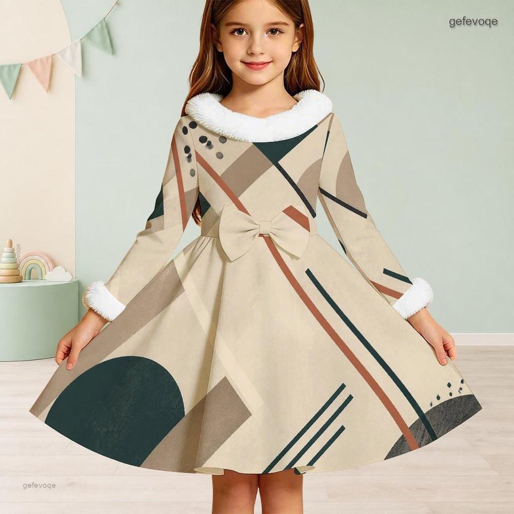 Girls Cream Printed Dress Furry Collar Long Sleeve Bow Waist A Line Flared Hem