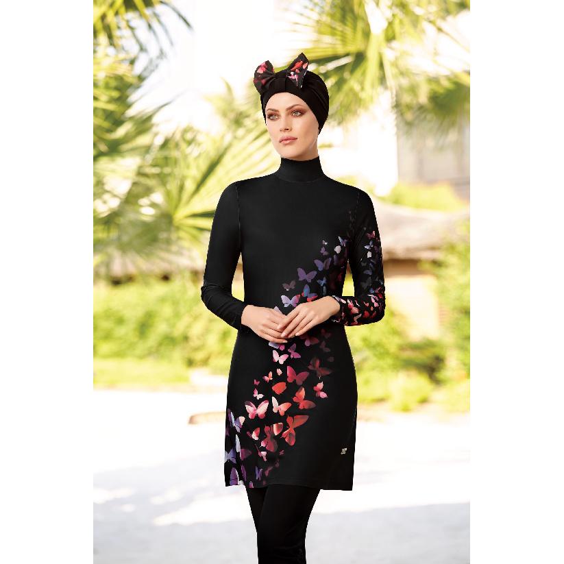 2-piece Muslim Women's Modest Tropical Rainforest Print Seaside Swimwear Full Coverage Swimsuit Set Beachwear Burkini Swimsuit Set (Without