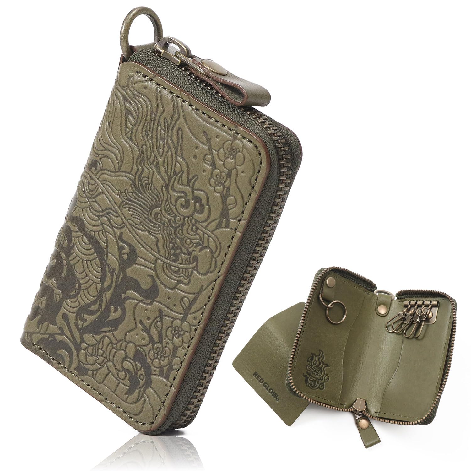 

Красное свечение Натуральная кожа Чехол для смарт-ключа с рисунком дракона Лесной мужской многофункциональный (rg-009, Хаки)