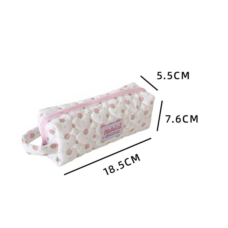 Pencil Case Cute Kawaii Strawberry Large Capacity Quilted Portable Handle Stationery Storage for Girls Kids School Use
