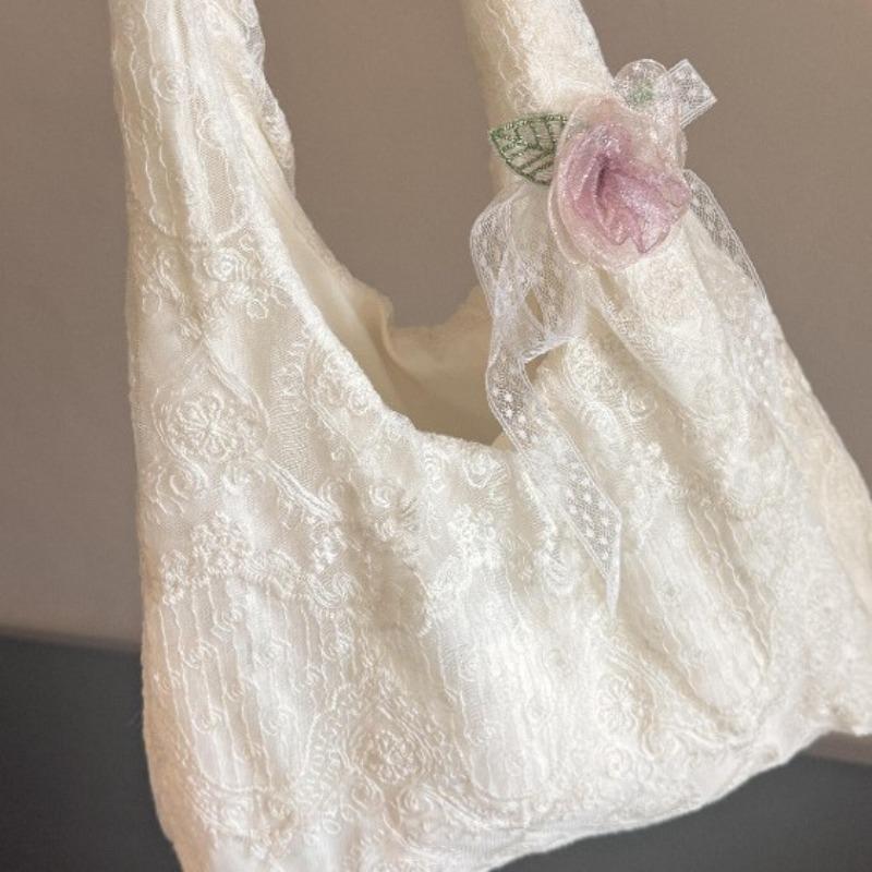 Spring and summer new small fresh lace flower canvas bag Korean gentle vacation wind large capacity shoulder tote bag