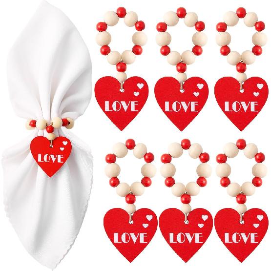APTWOW Valentine Napkin Rings Set of 6, Wood Bead Red Heart Valentines Napkin Rings, Valentines Napk Rings for Valentines Table Decor, Wedding,