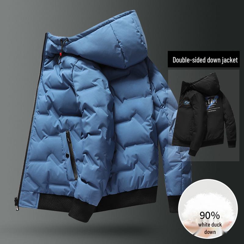 Men's Reversible White Duck Down Puffer Jacket: Short, Hooded, Solid Color, Warm, Windproof for Autumn and Winter