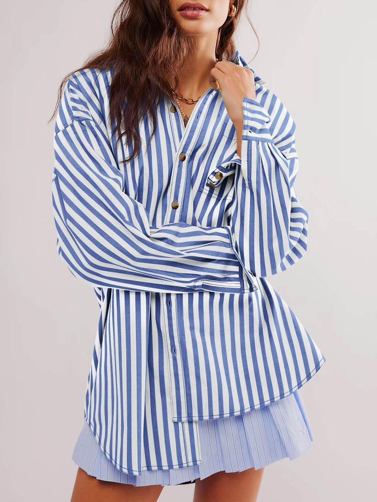 Womens Oversized Striped Button Down Shirt Long Sleeve Boyfriend Blouse