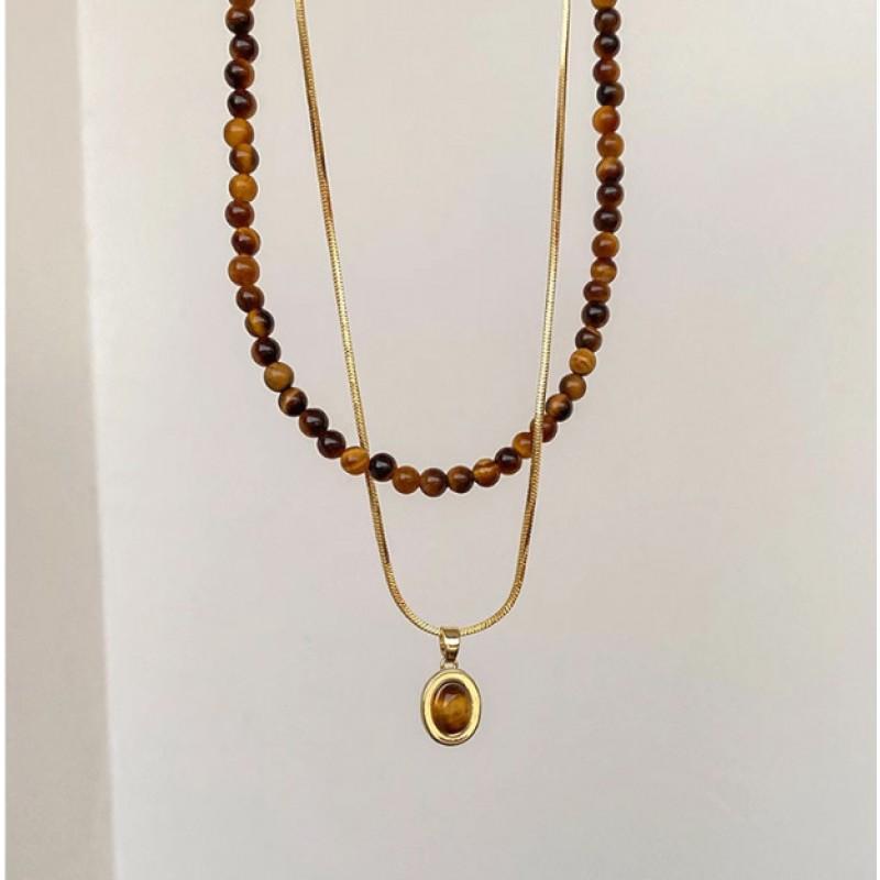 Handmade Tiger Eye Stone Layered Necklace Women Geometric Minimalist Choker Chain Jewelry Accessory