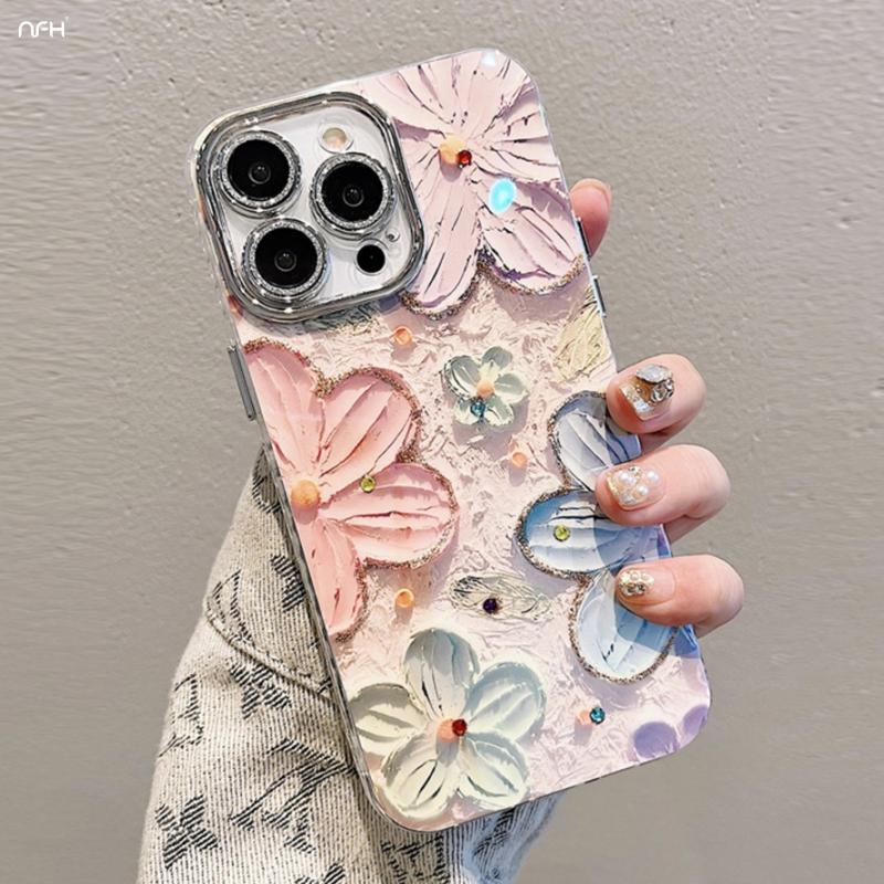 For iPhone 16 Pro Max Luxury Glitter Flowers Laser Pattern Clean Frame Phone Case For iPhone 13 14 15 16 Lens Protective Cover