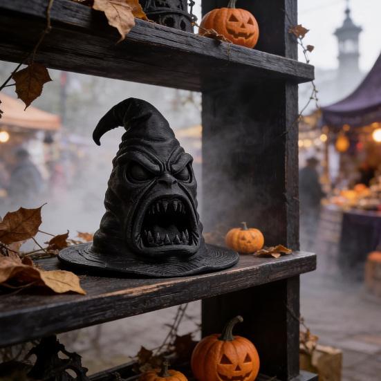 Creative Holiday Party Props 3D Printed Dark Big Mouth Wizard Hat Figurine, Scary Witch Unique Halloween Favors Tabletop Statue, Gothic Desktop