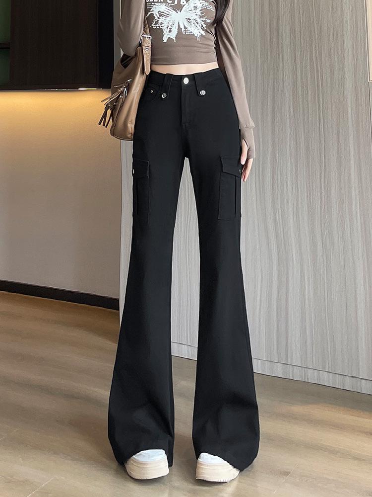 Damen High-Waist Schlankmachende Schwarze Denim Schlaghosen für Herbst und Winter