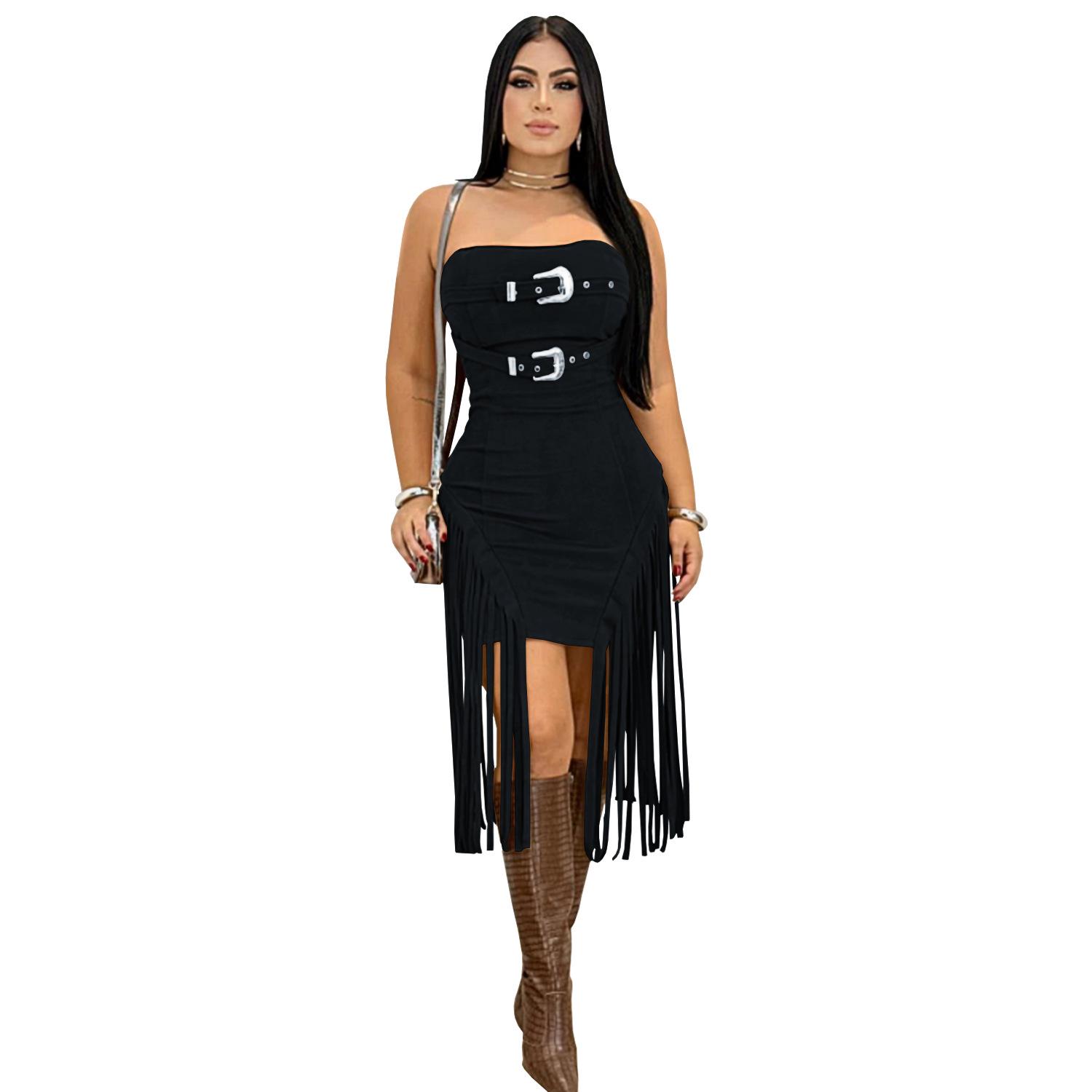 C7426: Women s Fashion Tassel Dress - Sexy Sleeveless Bandeau, Backless Design S чёрный