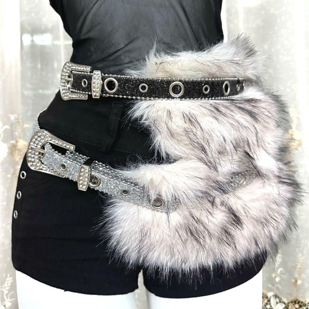 Rhinestone Leather Fur Belt Spicy Girl Style Y2K Plush Waist Belt Furry Waistband Dress Decoration