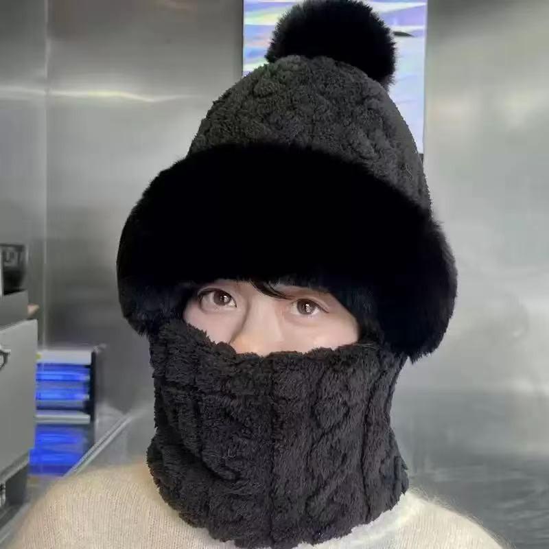 Knitted hat scarf mask integrated hat women's winter cycling windproof plush warm wool hat