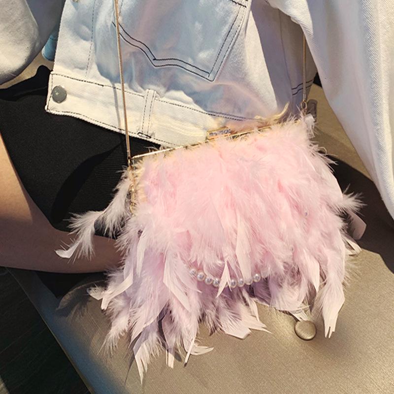 Korean Style Women's Evening Bag: Turkey Feather Crossbody with Pearl Chain and Ostrich Feather Clasp
