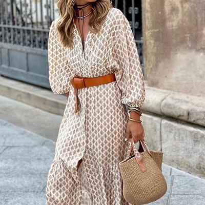 Herbst Winter Neuheiten Bedrucktes Blumenmuster V-Ausschnitt Schlicht Elegant Langes Kleid