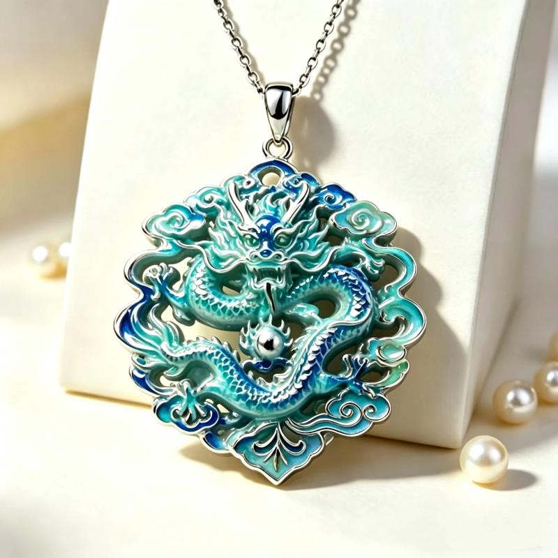 Cute Dragon Fox Pendant Necklace Colorful Enamel Craft Sparkling Crystal Jewelry for Christmas Holiday Wear Gift