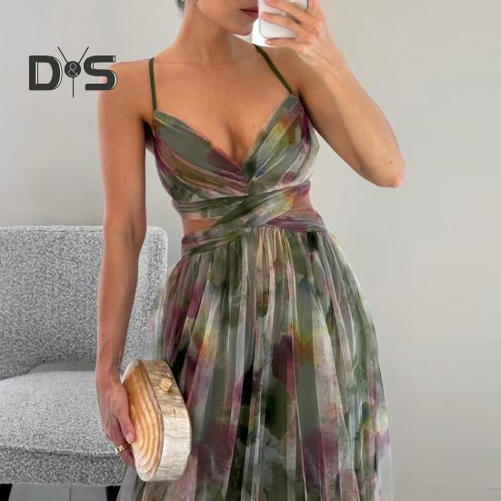 Damen Spaghettiträger Maxikleid Blumen Boho Tiefer V-Ausschnitt Aushöhlen Mesh Plisseekleid Sommer Strand Party Swing Langes Kleid