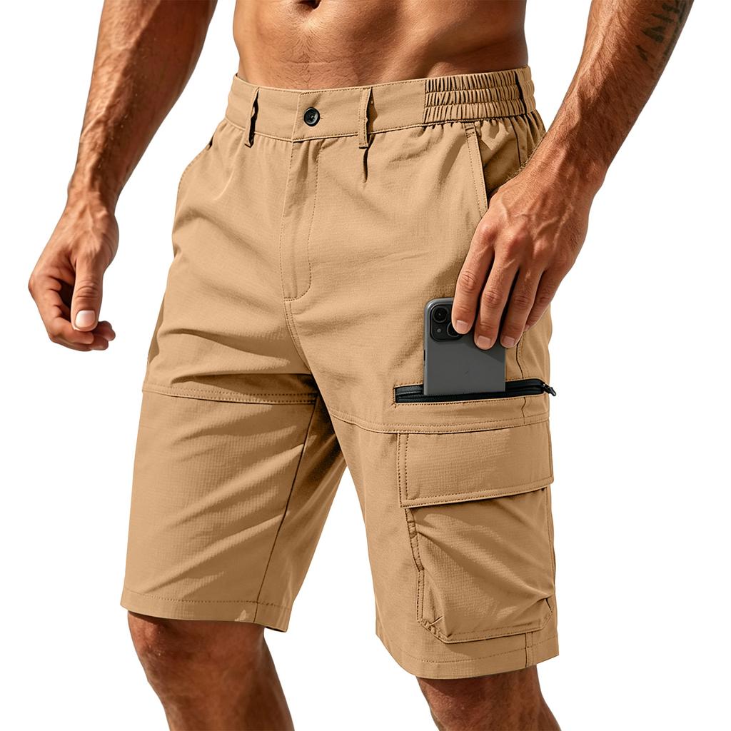 Men's Summer Casual Multi Pocket Cargo Shorts Outdoor Knee Length Work Shorts with Elastic Waistband and Zipper Pockets for Daily Use