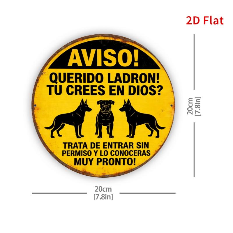HD Tin Sign Spanish Beware Of Dogs Round Metal Wall Art Security Warning Decor