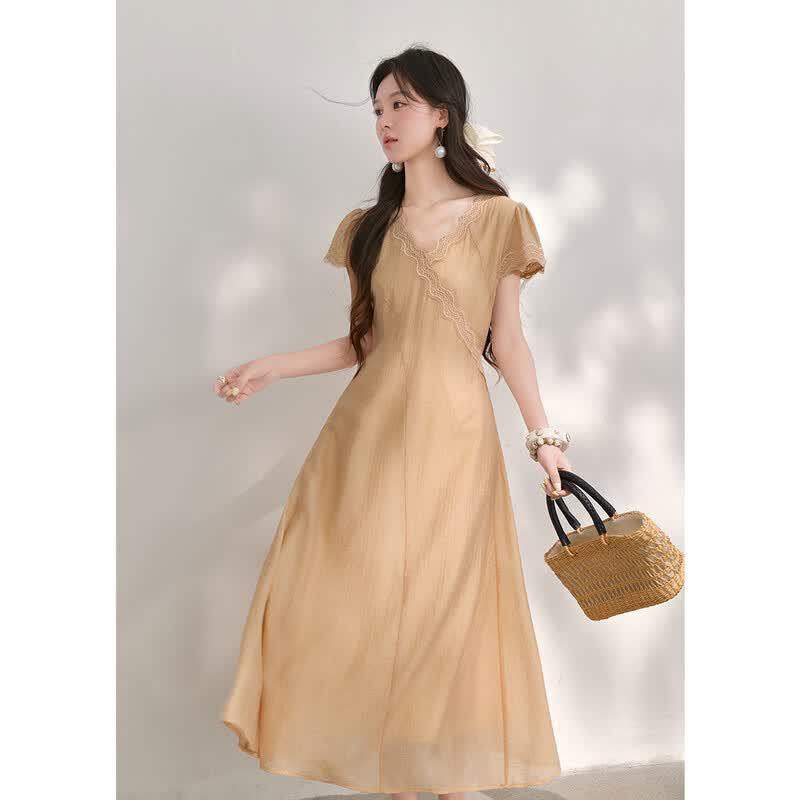 Retro Wave Lace V-Neck Long Dress