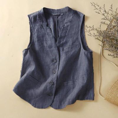 Womens Cotton Linen Vest Casual Loose Solid V Neck Sleeveless Vests Jacke Button Pocket Commuter Suit Coat Vest